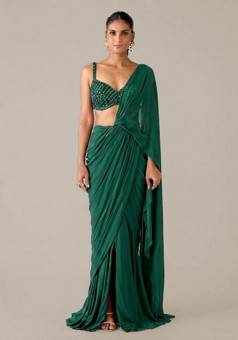 Green Sequin Pre Draped Saree Set