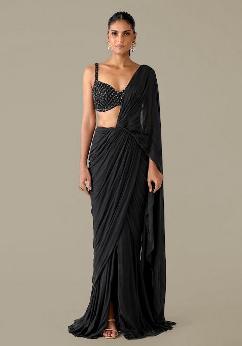 Black Sequin Pre Draped Saree Set