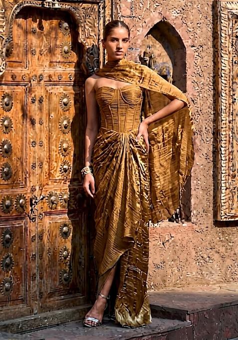 Brown Solid Crepe Fusion Set