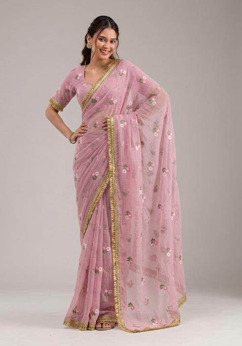Pastel Pink Embroidered Chanderi Pre Draped Saree Set