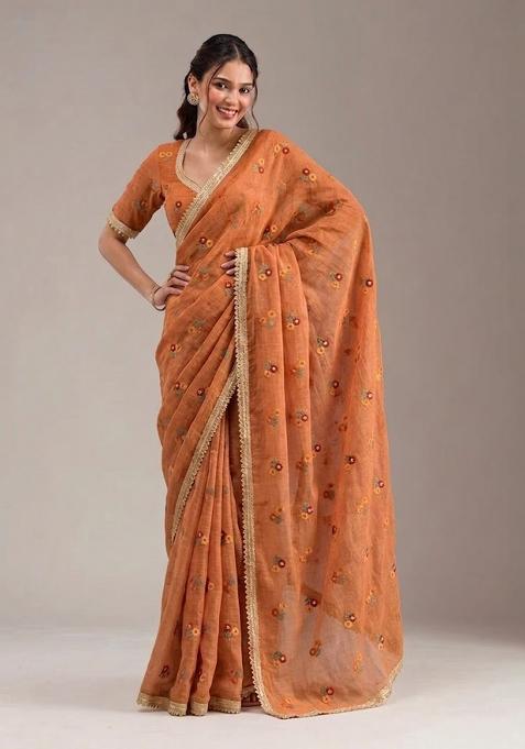 Rust Orange Embroidered Chanderi Pre Draped Saree Set