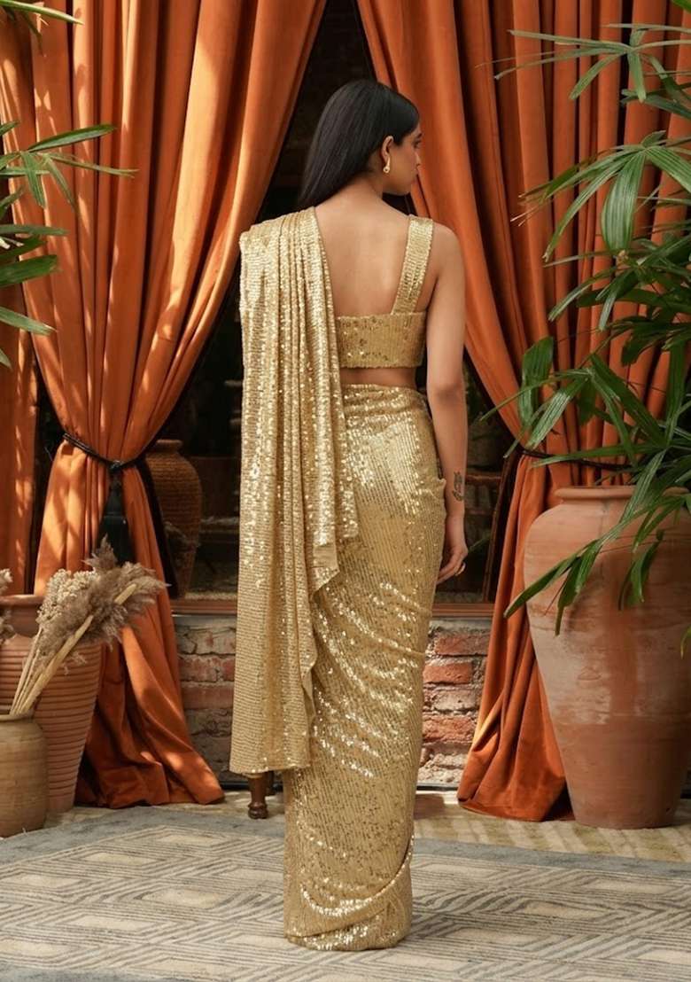 Gold Printed Pre Draped Saree Set - Indya