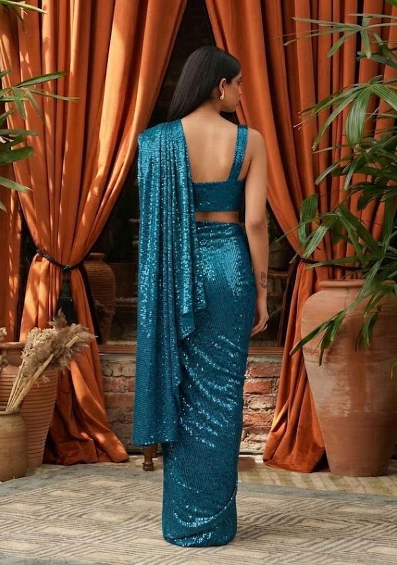 Blue Sequin Pre Draped Saree Set - Indya