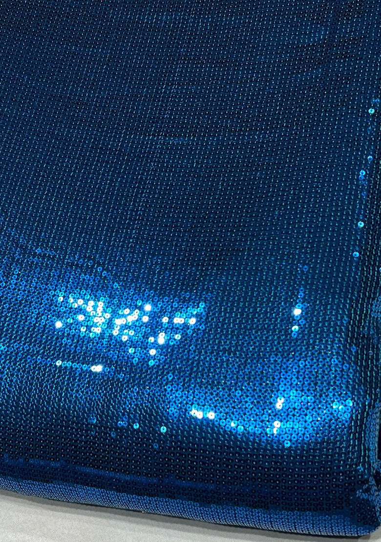 Blue Sequin Pre Draped Saree Set - Indya