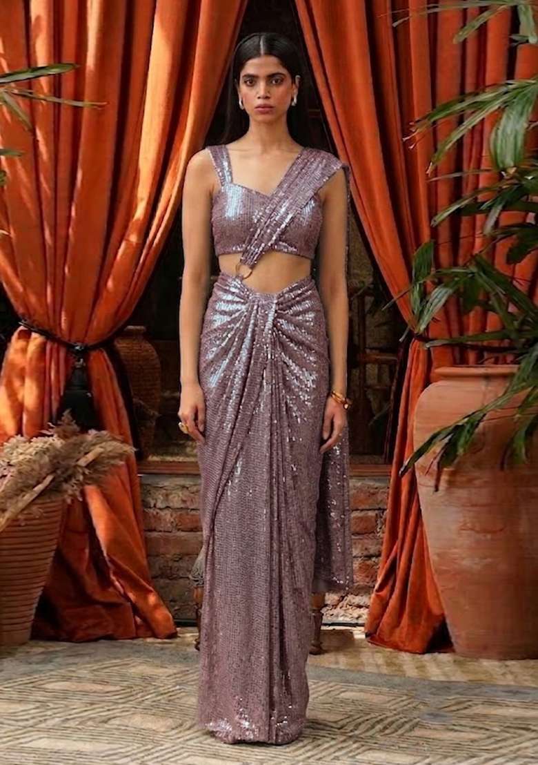Rose Gold Sequin Pre Draped Saree Set - Indya