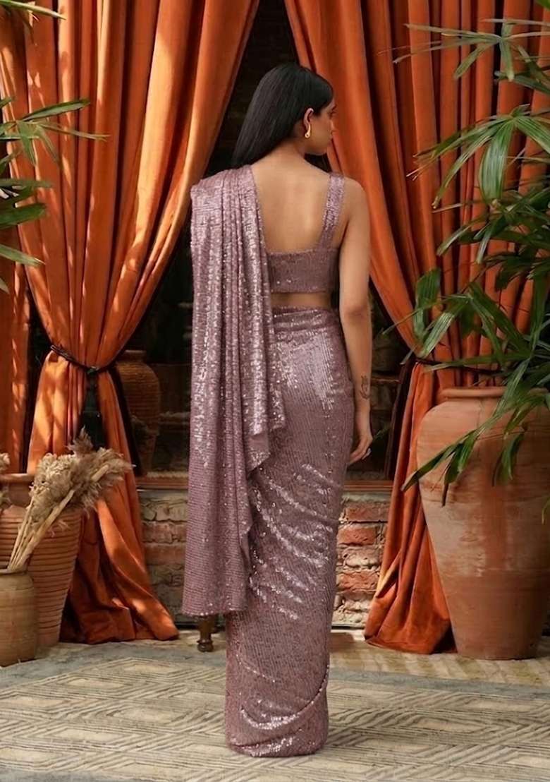 Rose Gold Sequin Pre Draped Saree Set - Indya