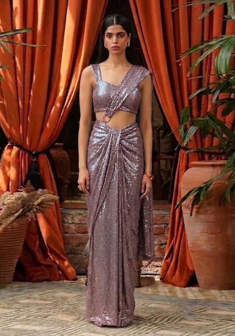 Rose Gold Sequin Pre Draped Saree Set