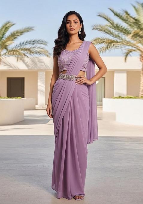 Light Purple Embroidered Chanderi Pre Draped Saree Set