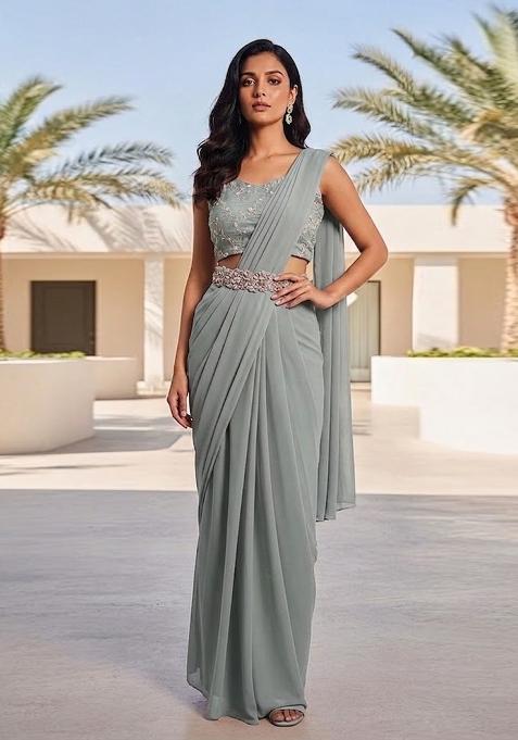 Sage Green Embroidered Chanderi Pre Draped Saree Set
