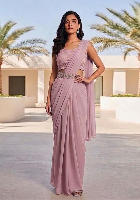 Dusty Pink Embroidered Chanderi Pre Draped Saree Set