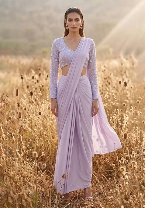 Dusty Pink Brocade Pre Draped Saree Set