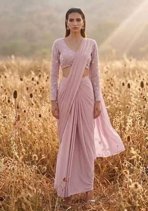Pink Brocade Pre Draped Saree Set