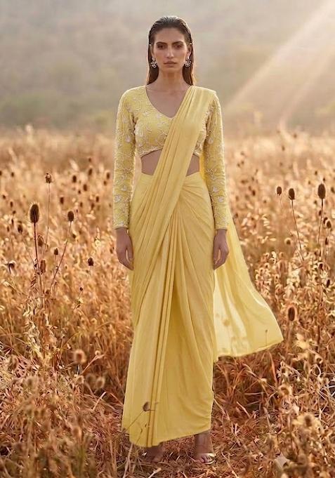 Yellow Brocade Pre Draped Saree Set