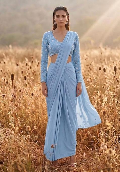 Pastel Blue Brocade Pre Draped Saree Set