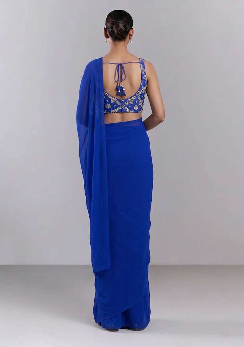 Royal Blue Georgette Pre Draped Saree Set with Embroidered for Diwali | Wedding & Festive Wear - Indya