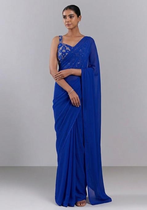 Royal Blue Embroidered Georgette Pre Draped Saree Set