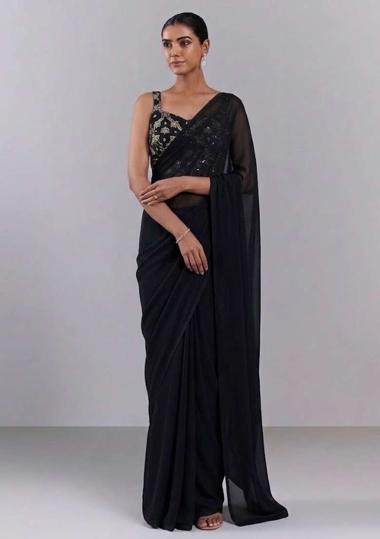 Black Georgette Pre Draped Saree Set with Embroidered for Diwali | Wedding & Festive Wear - Indya