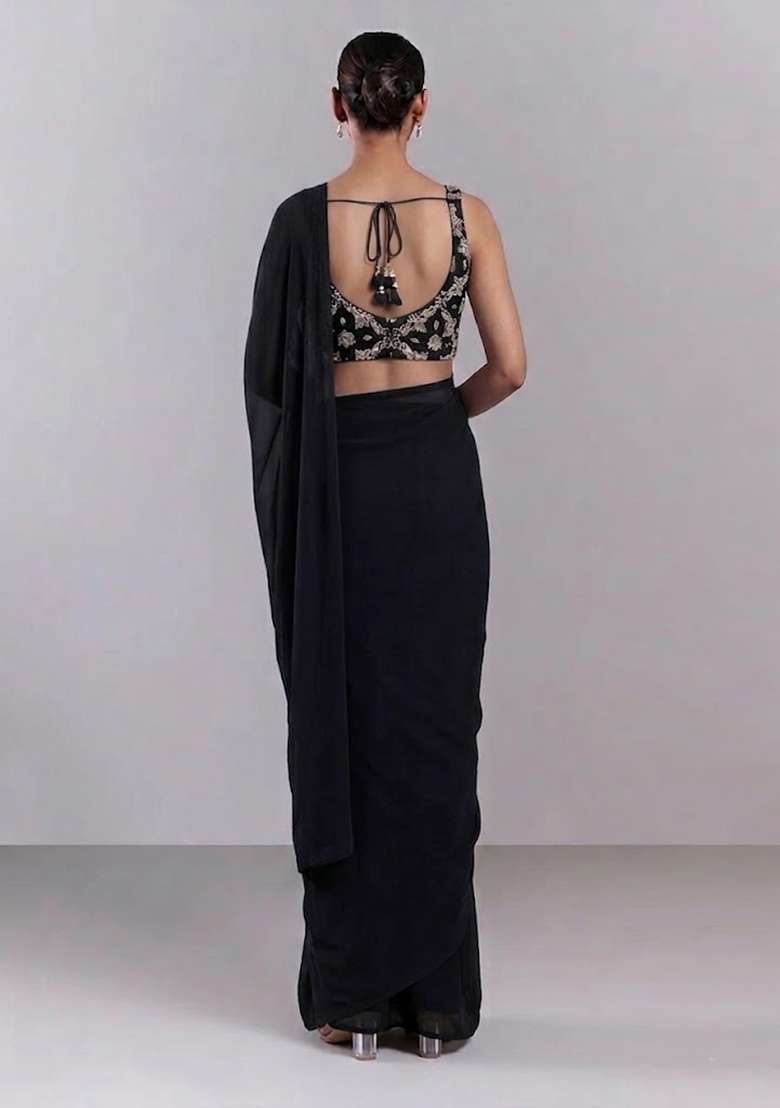 Black Georgette Pre Draped Saree Set with Embroidered for Diwali | Wedding & Festive Wear - Indya