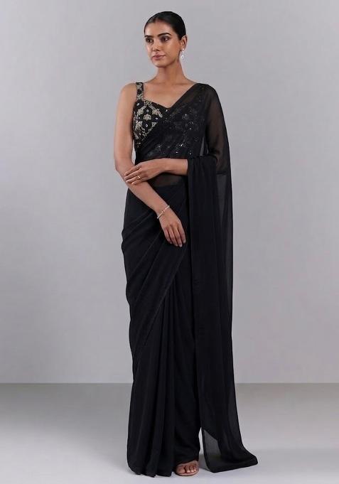 Black Embroidered Georgette Pre Draped Saree Set