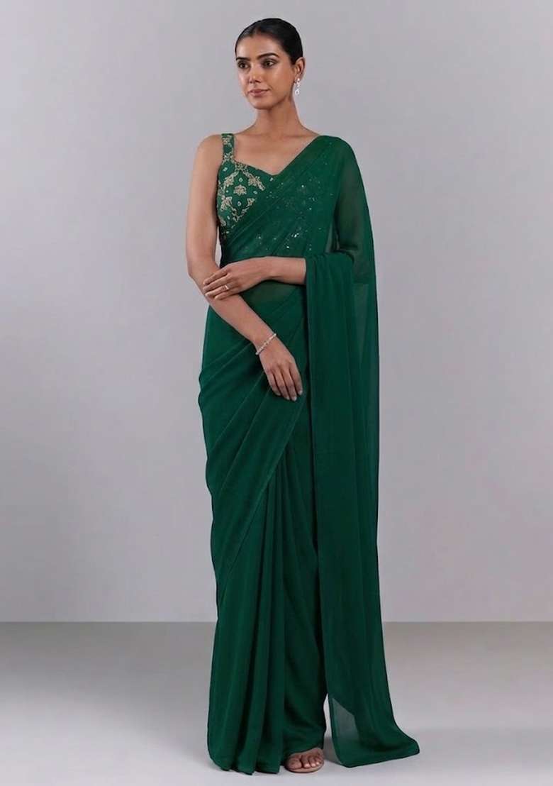 Bottle Green Embroidered Georgette Pre Draped Saree Set for Diwali and Festive Wear - Indya