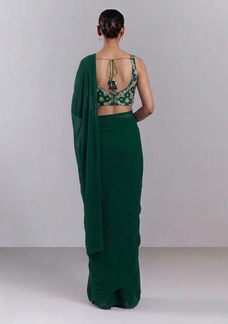 Bottle Green Embroidered Georgette Pre Draped Saree Set for Diwali and Festive Wear - Indya