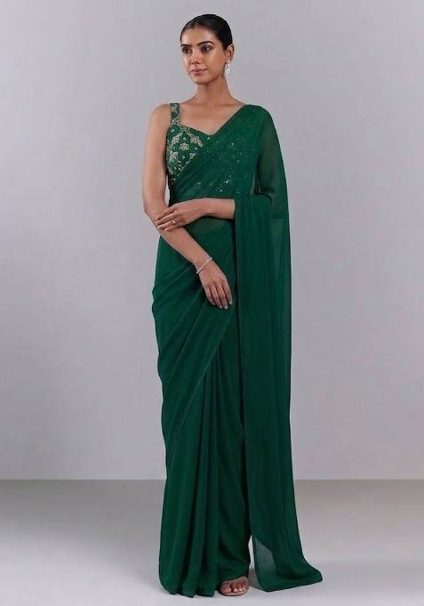 Bottle Green Embroidered Georgette Pre Draped Saree Set