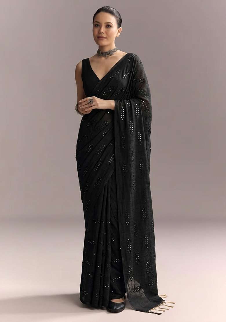 Charcoal Black Mirror Work Pre Draped Saree Set - Indya