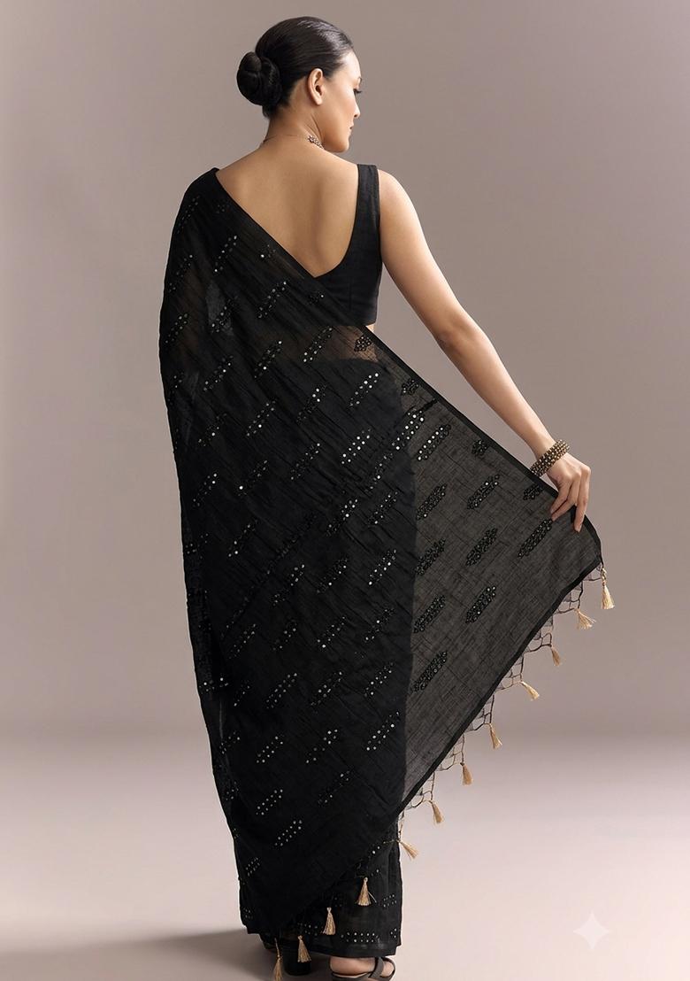 Charcoal Black Mirror Work Pre Draped Saree Set - Indya
