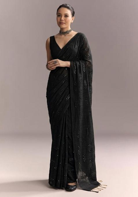 Charcoal Black Mirror Work Pre Draped Saree Set