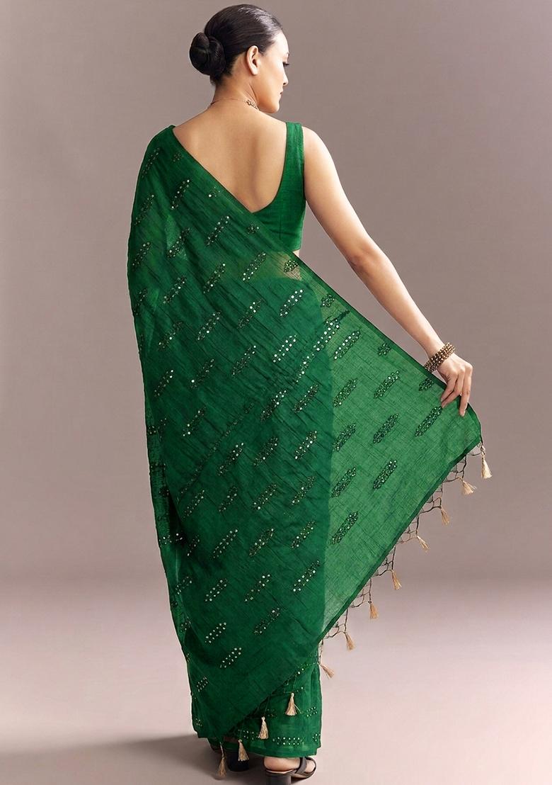 Forest Green Mirror Work Pre Draped Saree Set - Indya