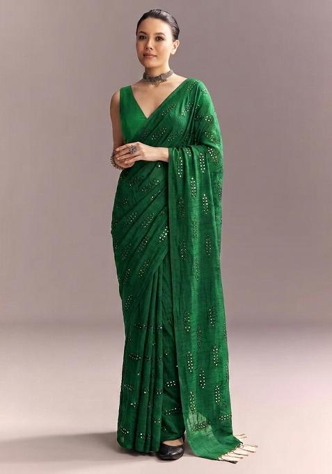 Forest Green Mirror Work Pre Draped Saree Set