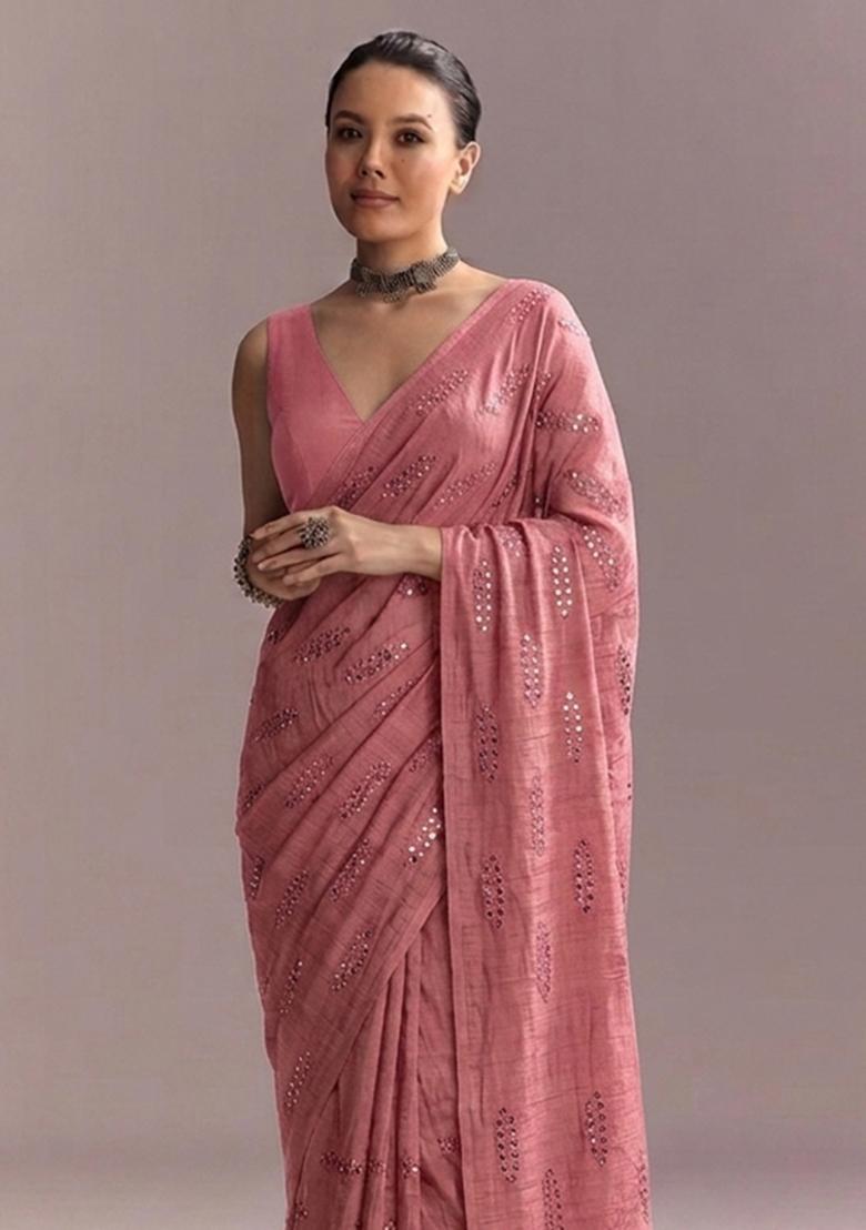Dusty Pink Mirror Work Pre Draped Saree Set - Indya