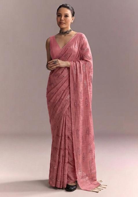 Dusty Pink Mirror Work Pre Draped Saree Set