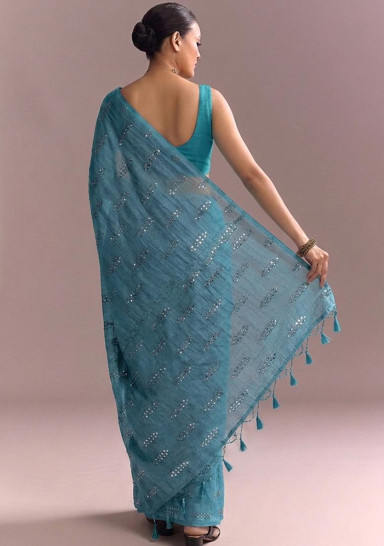 Teal Mirror Work Pre Draped Saree Set - Indya