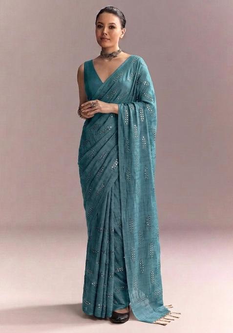 Teal Mirror Work Pre Draped Saree Set