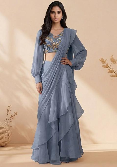Slate Grey Embroidered Pre Draped Saree Set