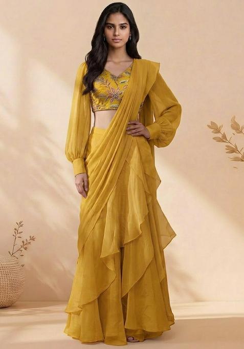 Mustard Yellow Embroidered Fusion Set