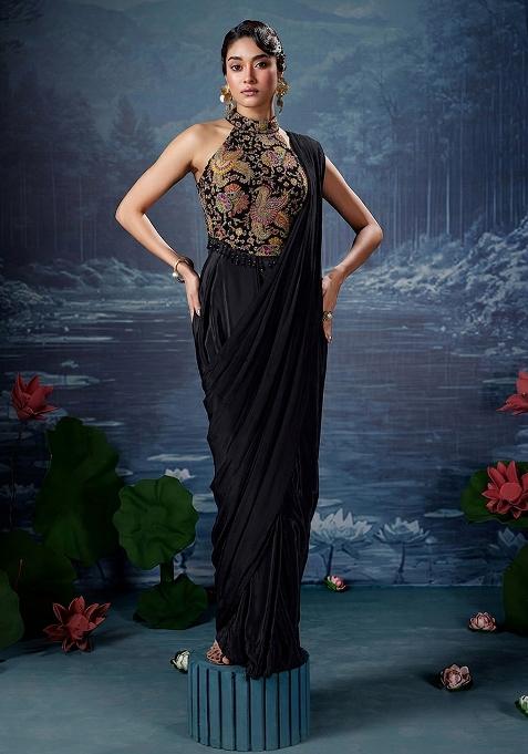 Black Embellished Pre Draped Saree Set