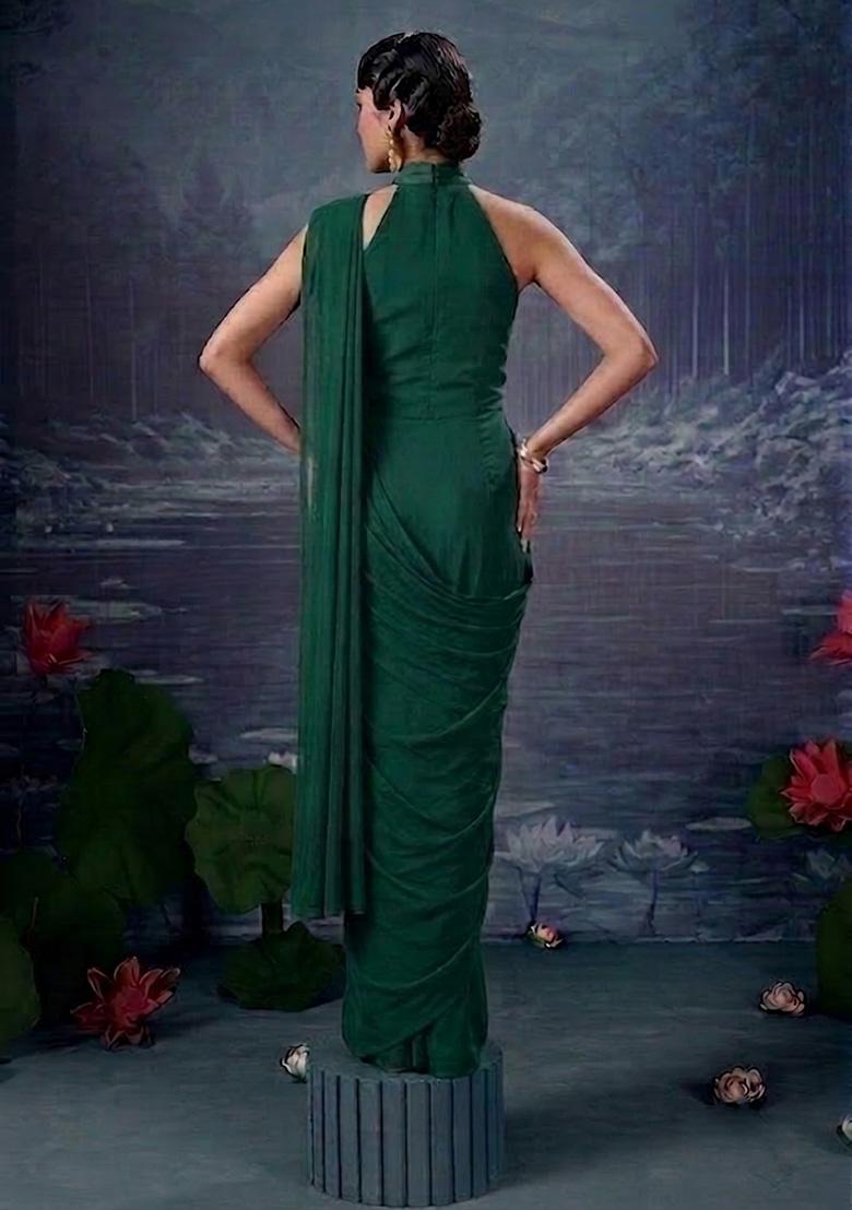 Emerald Green Embroidered Pre Draped Saree Set - Indya