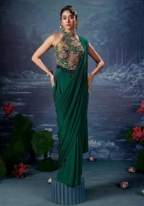 Emerald Green Embroidered Pre Draped Saree Set