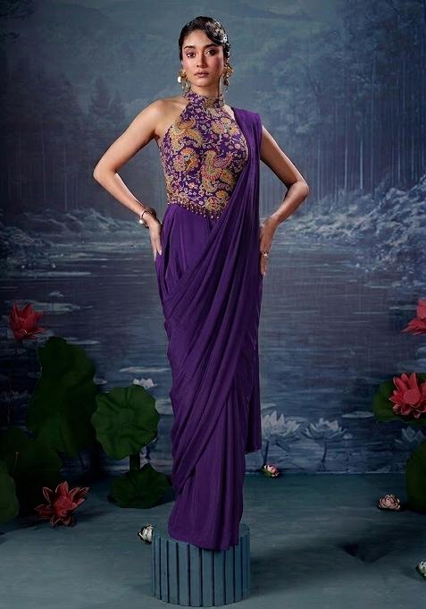 Deep Purple Embroidered Pre Draped Saree Set