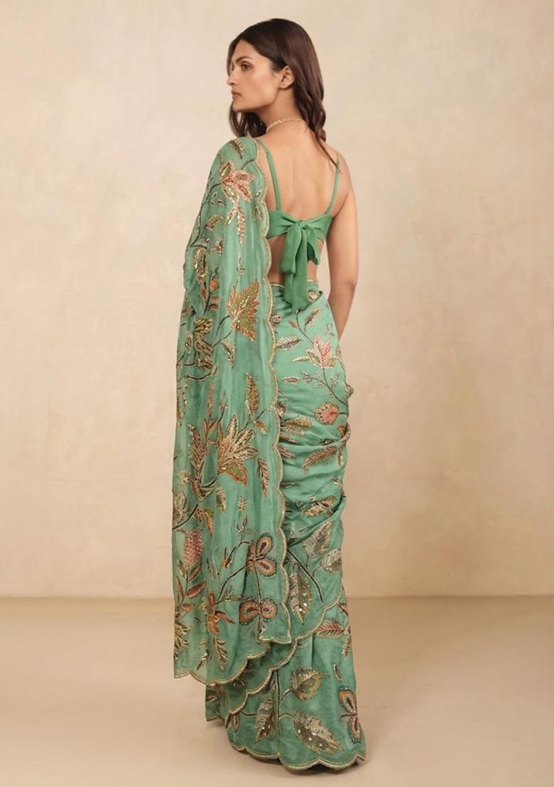 Mint Green Printed Viscose Pre Draped Saree Set - Indya
