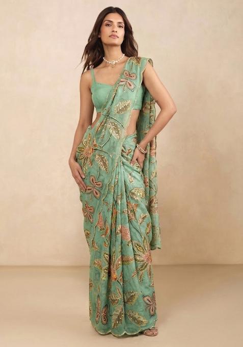 Mint Green Printed Viscose Pre Draped Saree Set