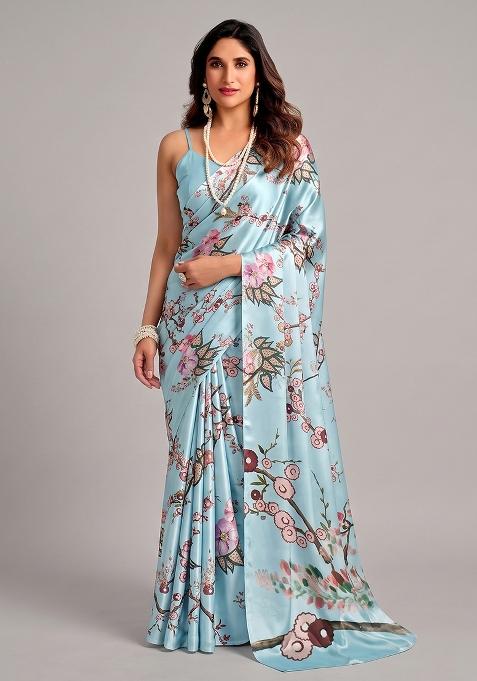 Sky Blue Printed Georgette Pre Draped Saree Set