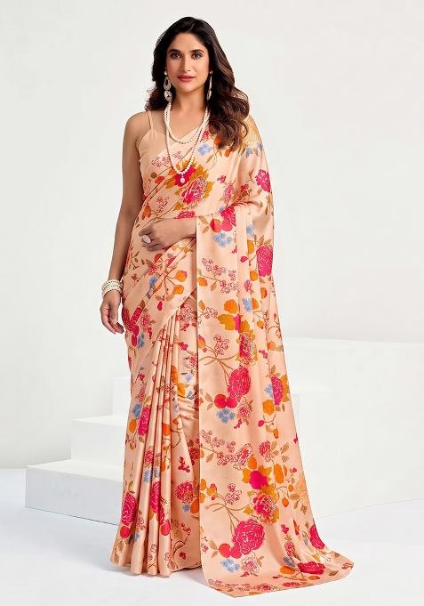 Peach Printed Georgette Pre Draped Saree Set