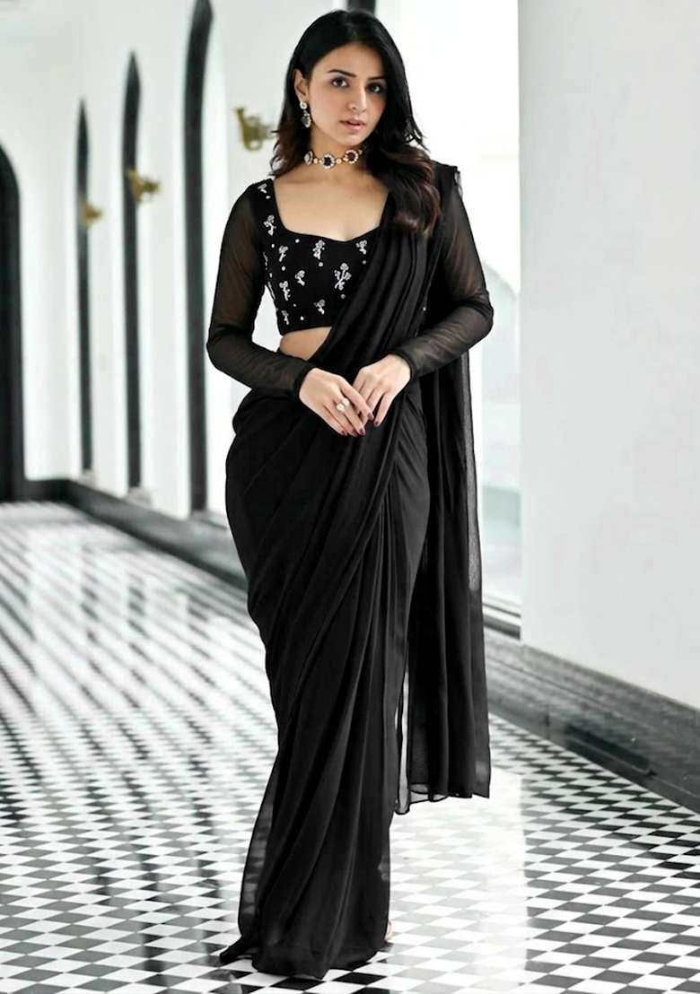 Black Embroidered Pre Draped Saree Set - Indya