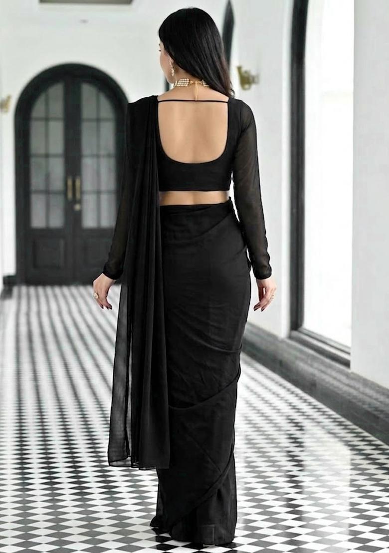 Black Embroidered Pre Draped Saree Set - Indya