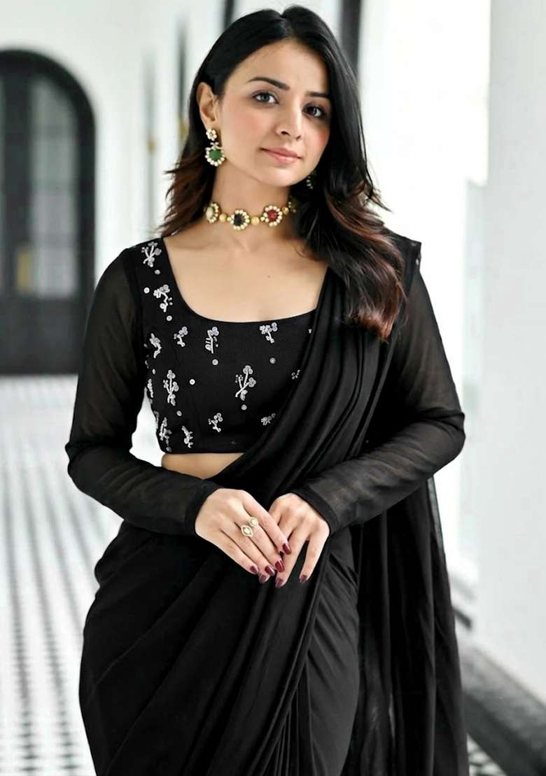 Black Embroidered Pre Draped Saree Set - Indya