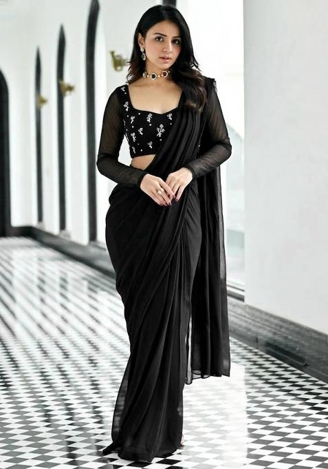 Black Embroidered Pre Draped Saree Set