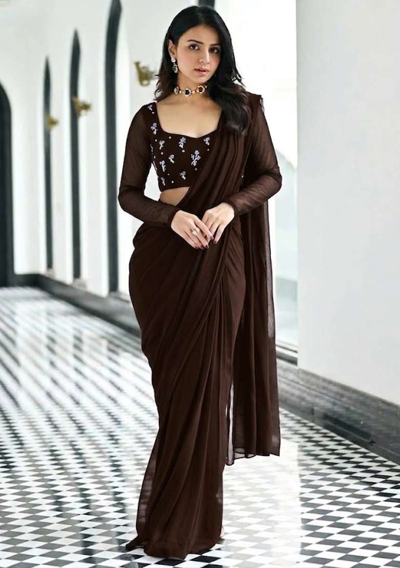 Chocolate Brown Embroidered Pre Draped Saree Set - Indya